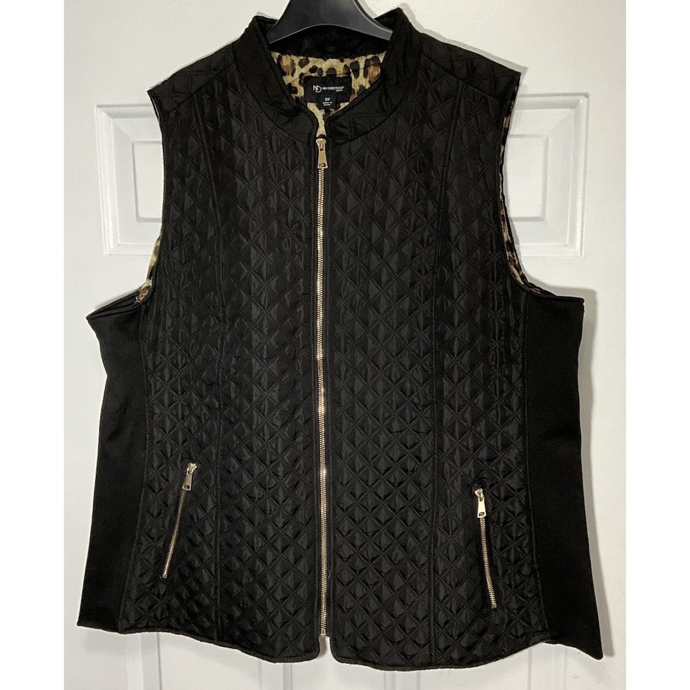 New Directions Curvy Black Leopard Print Full Zip Vest Pockets Women's 2X
